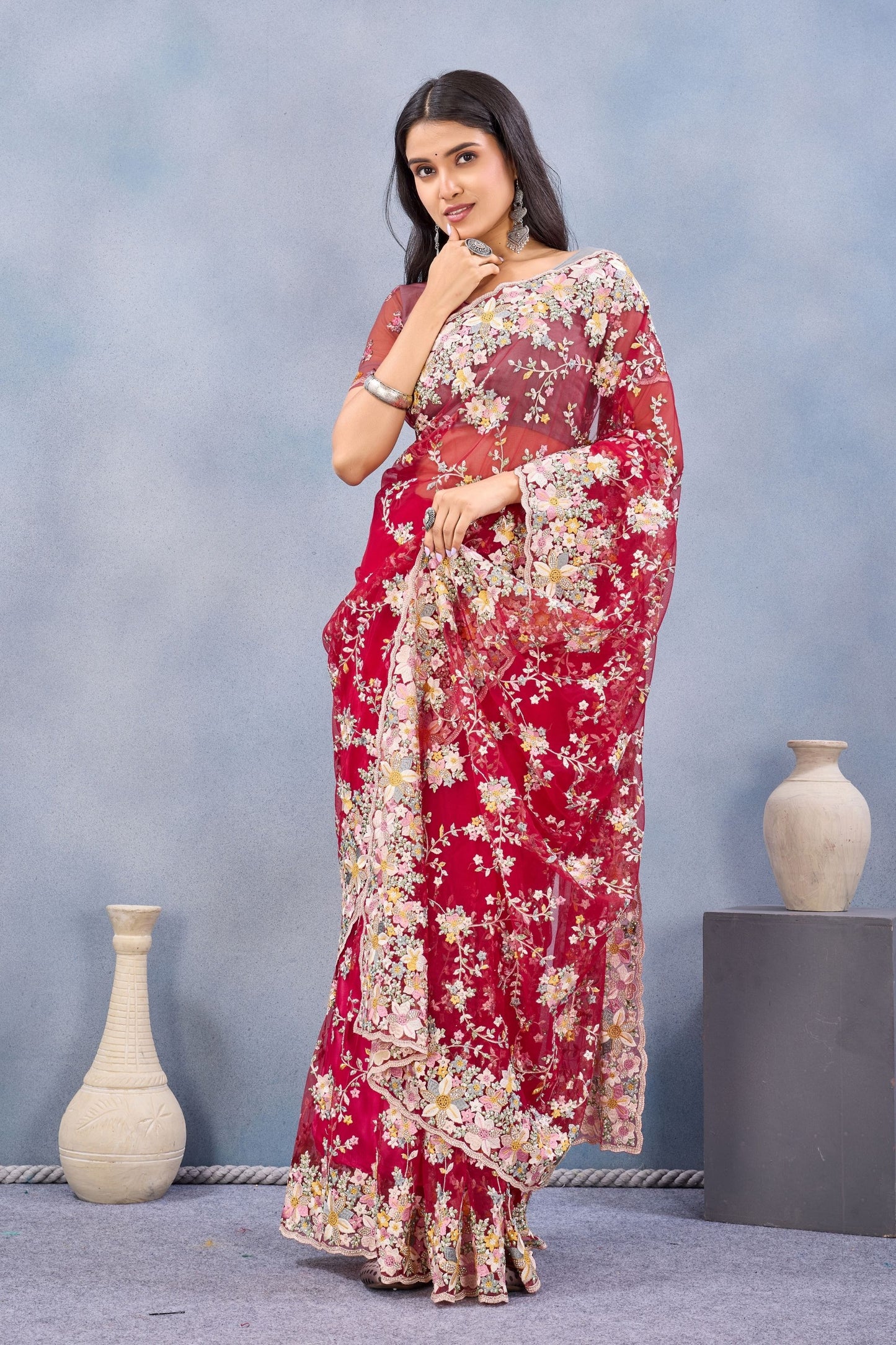 Designer Red Floral Embroidered Net Saree with Heavy Border
