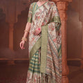 Traditional Cream and Olive Green Banarasi Silk Saree Artistic Printed Pallu