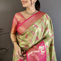 Pista Green Pink Kanjivaram Silk Saree Traditional Zari Woven Saree
