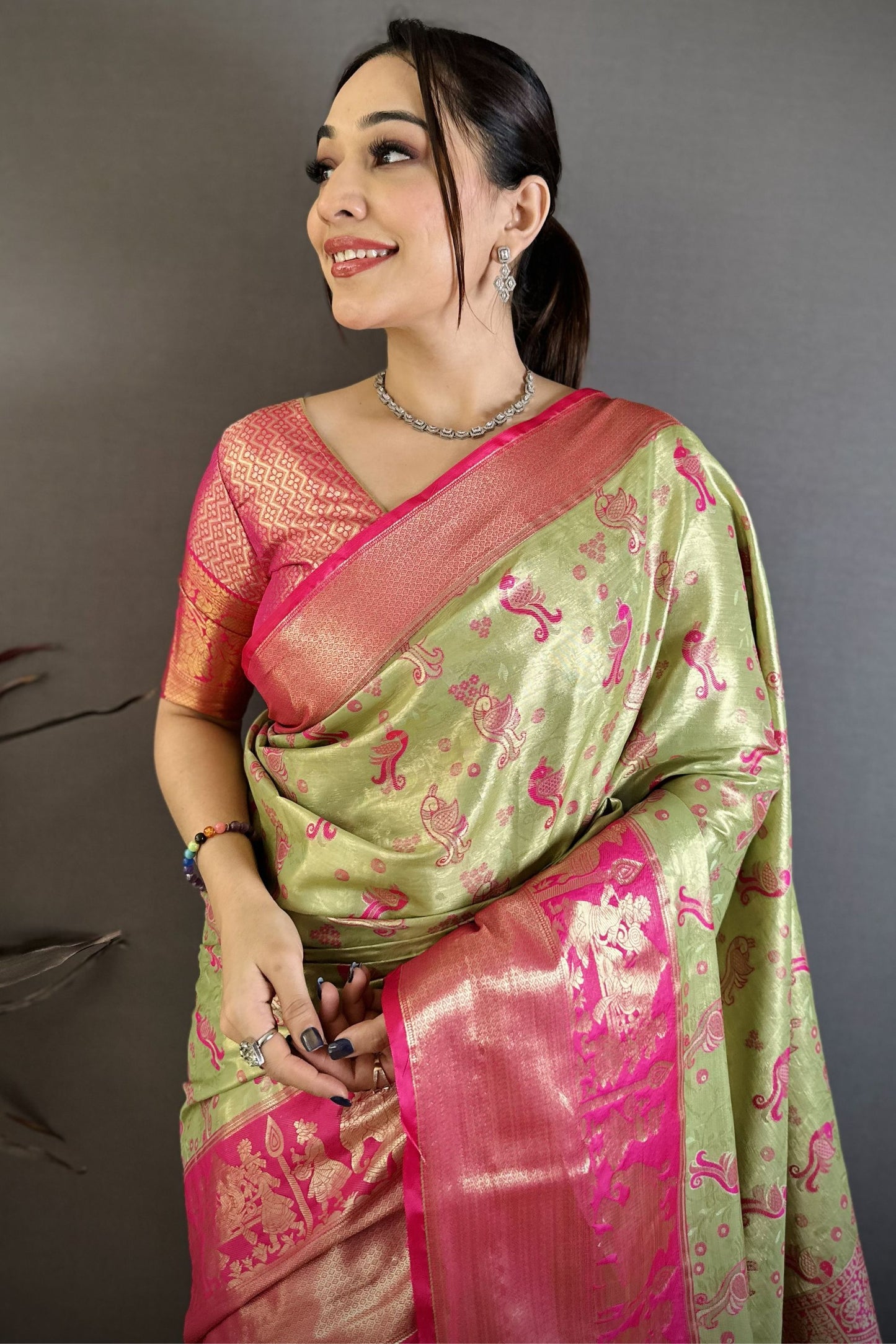 Pista Green Pink Kanjivaram Silk Saree Traditional Zari Woven Saree