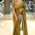 Olive Green Organza Silk Saree Sequins Embroidered Border Designer Blouse