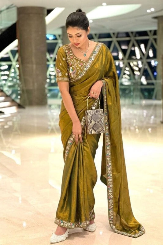 Olive Green Organza Silk Saree Sequins Embroidered Border Designer Blouse