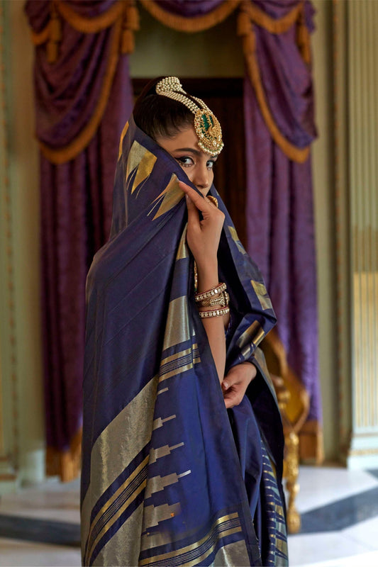 Royal Navy Blue Silk Saree with Metallic Zari  Festive Wear Saree