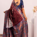 Wine Paithani Silk Saree with Blue Zari Border Traditional Saree