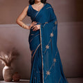Teal Blue Embroidered Chiffon Saree with Zari Work Party Wear 
