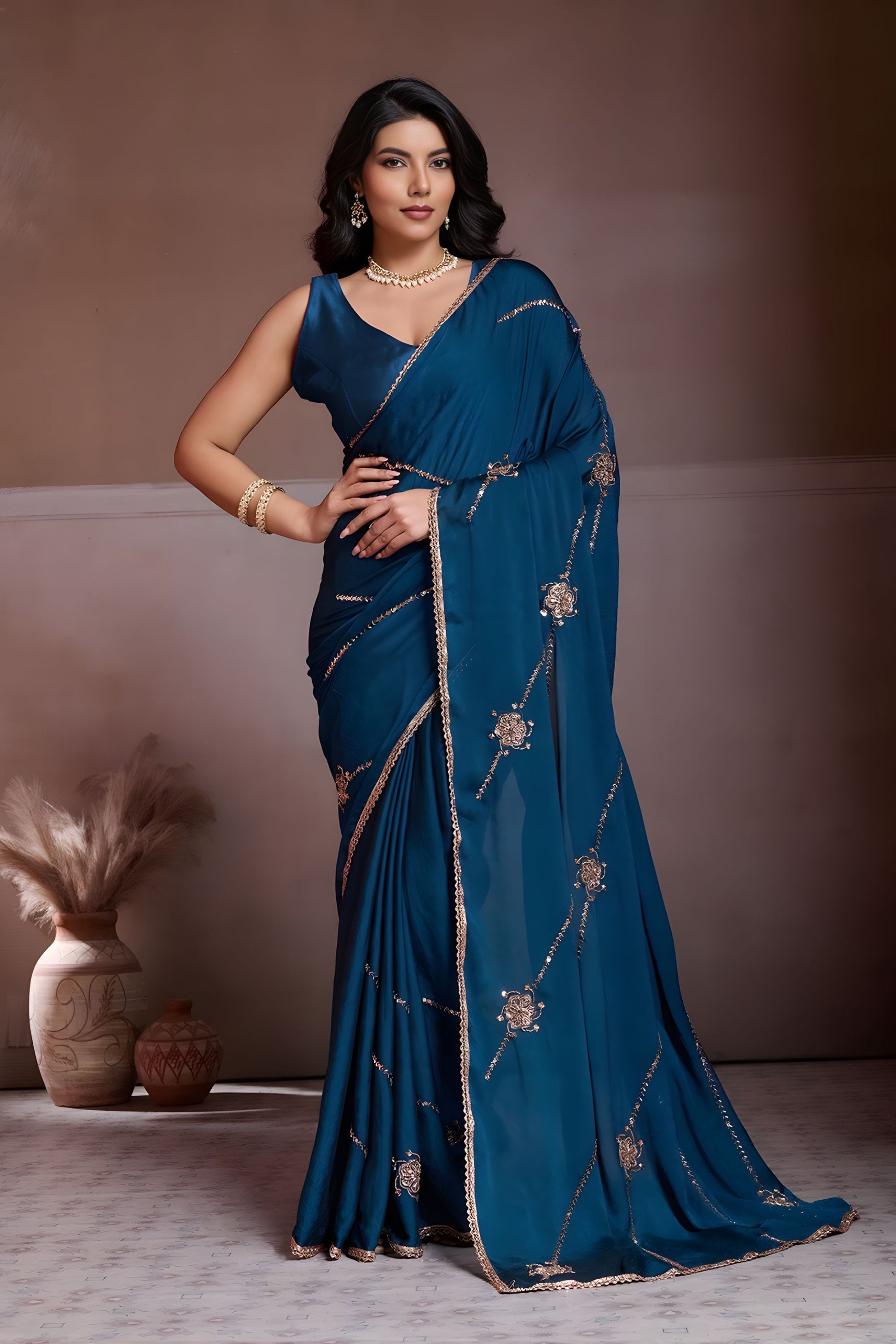 Teal Blue Embroidered Chiffon Saree with Zari Work Party Wear 
