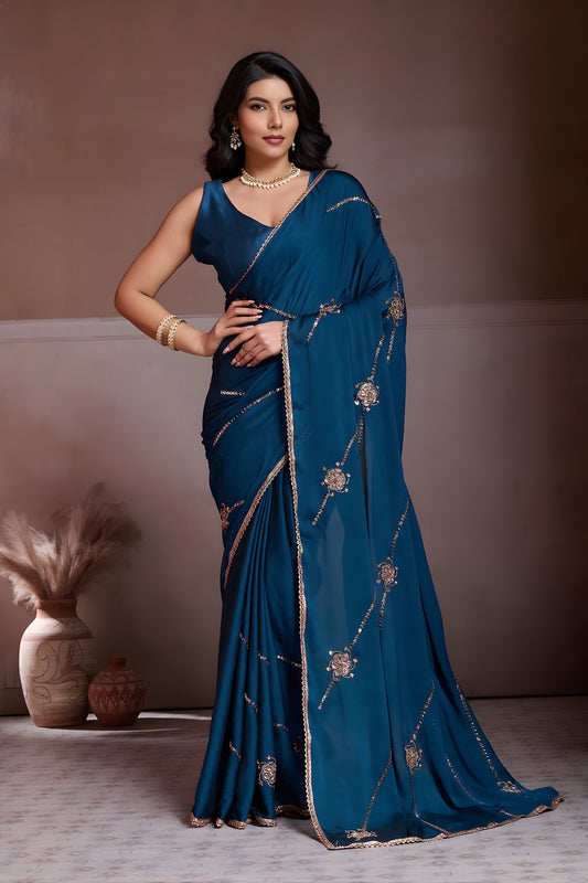 Teal Blue Embroidered Chiffon Saree with Zari Work Party Wear 