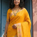 Mustard Yellow Silk Saree with Golden Zari Border Traditional Buti Design