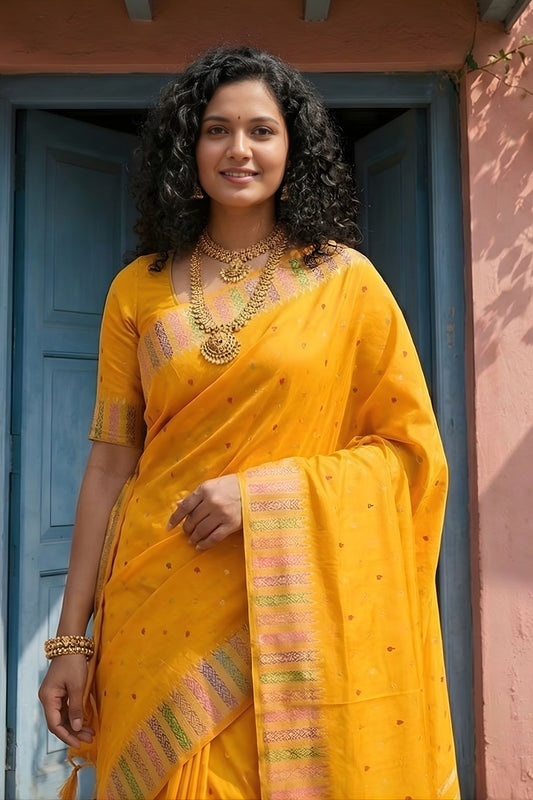 Mustard Yellow Silk Saree with Golden Zari Border Traditional Buti Design