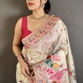 Off White Satin Silk Saree Multicolor Floral Print Designer Border