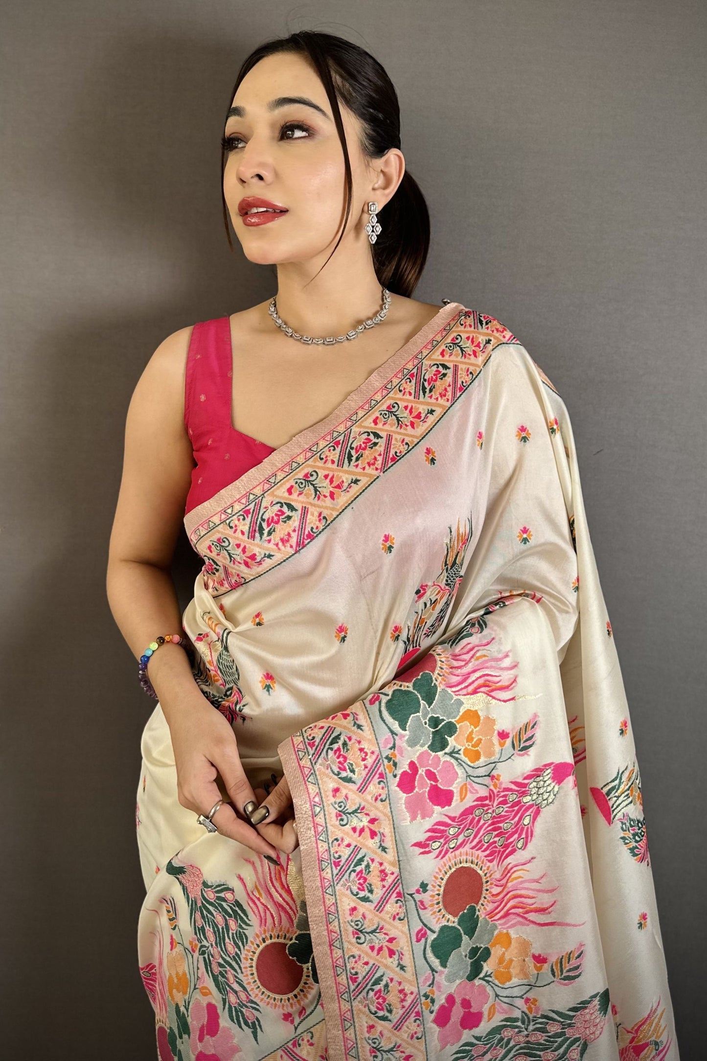 Off White Satin Silk Saree Multicolor Floral Print Designer Border