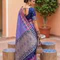 Purple Silk Saree with Blue Contrast Border Zari Weaving Festive Wear