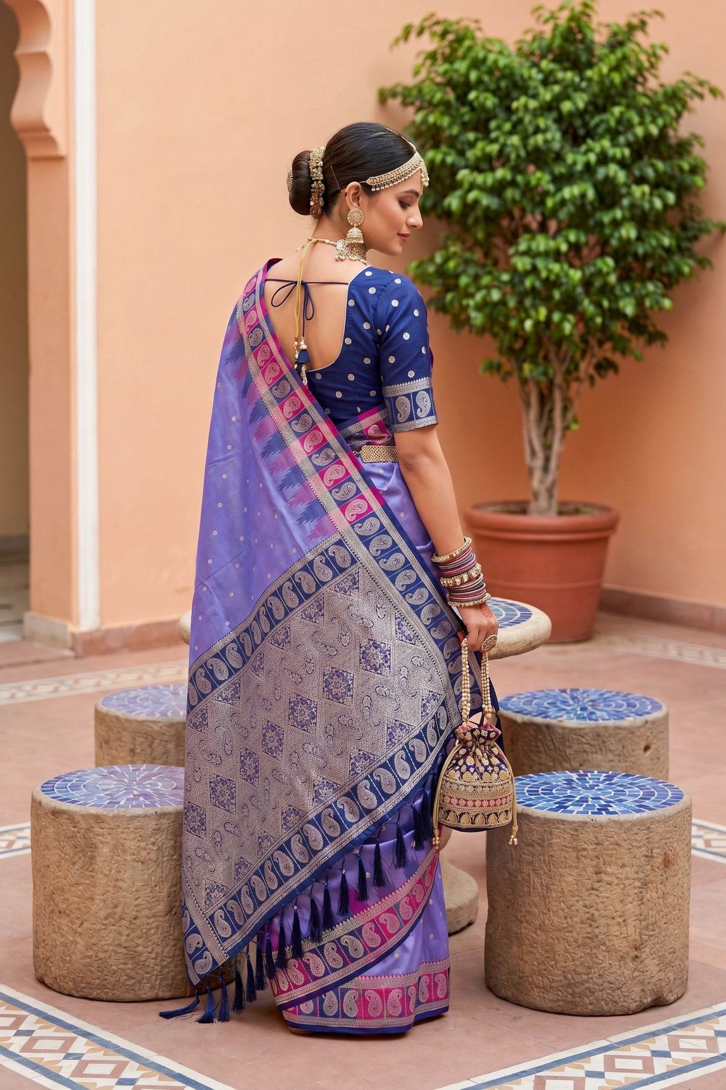 Purple Silk Saree with Blue Contrast Border Zari Weaving Festive Wear