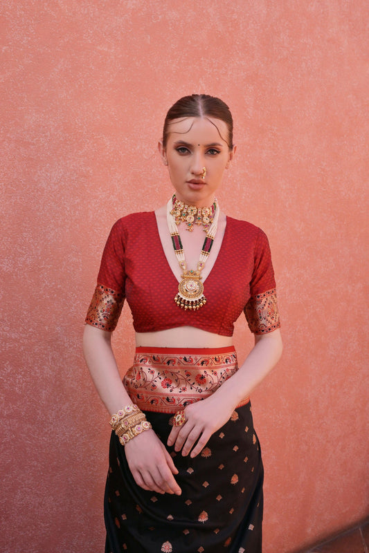 Elegant Black Red Banarasi Silk Saree with Rich Golden Zari Border