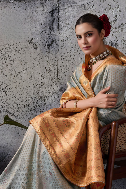 Grey Banarasi Silk Saree with Golden Zari Border Traditional Saree