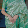Mint Green Banarasi Silk Saree Floral Zari Weaving Woven Border