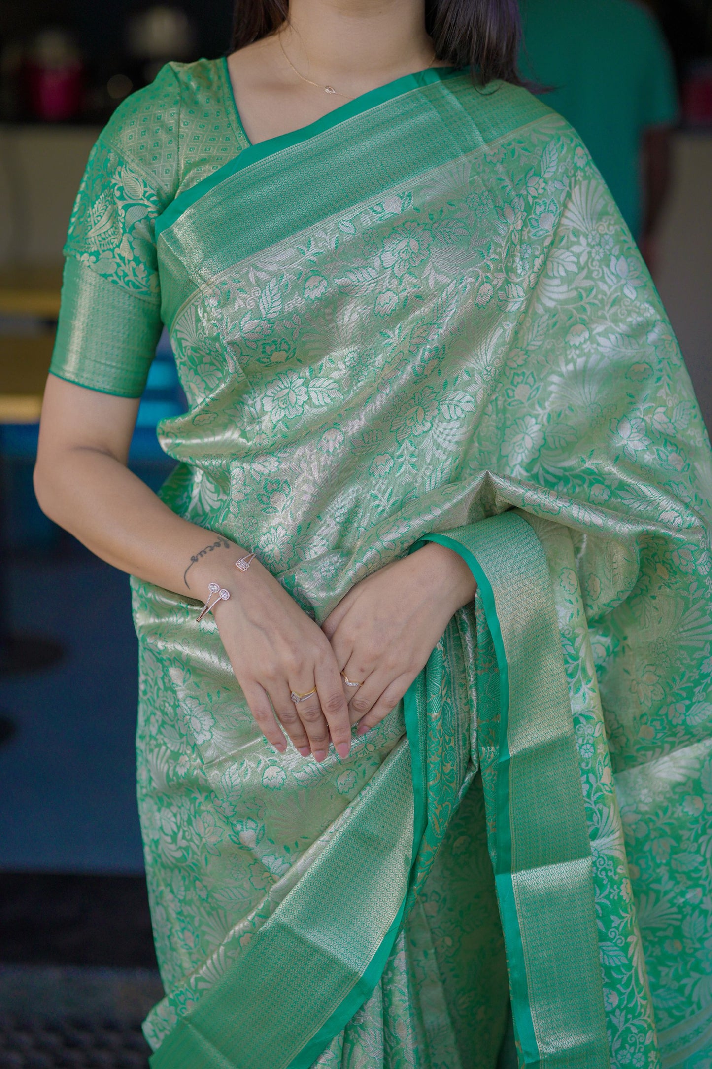 Mint Green Banarasi Silk Saree Floral Zari Weaving Woven Border