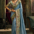 Blue Silk Saree with Handcrafted Embroidered Border Designer Blouse