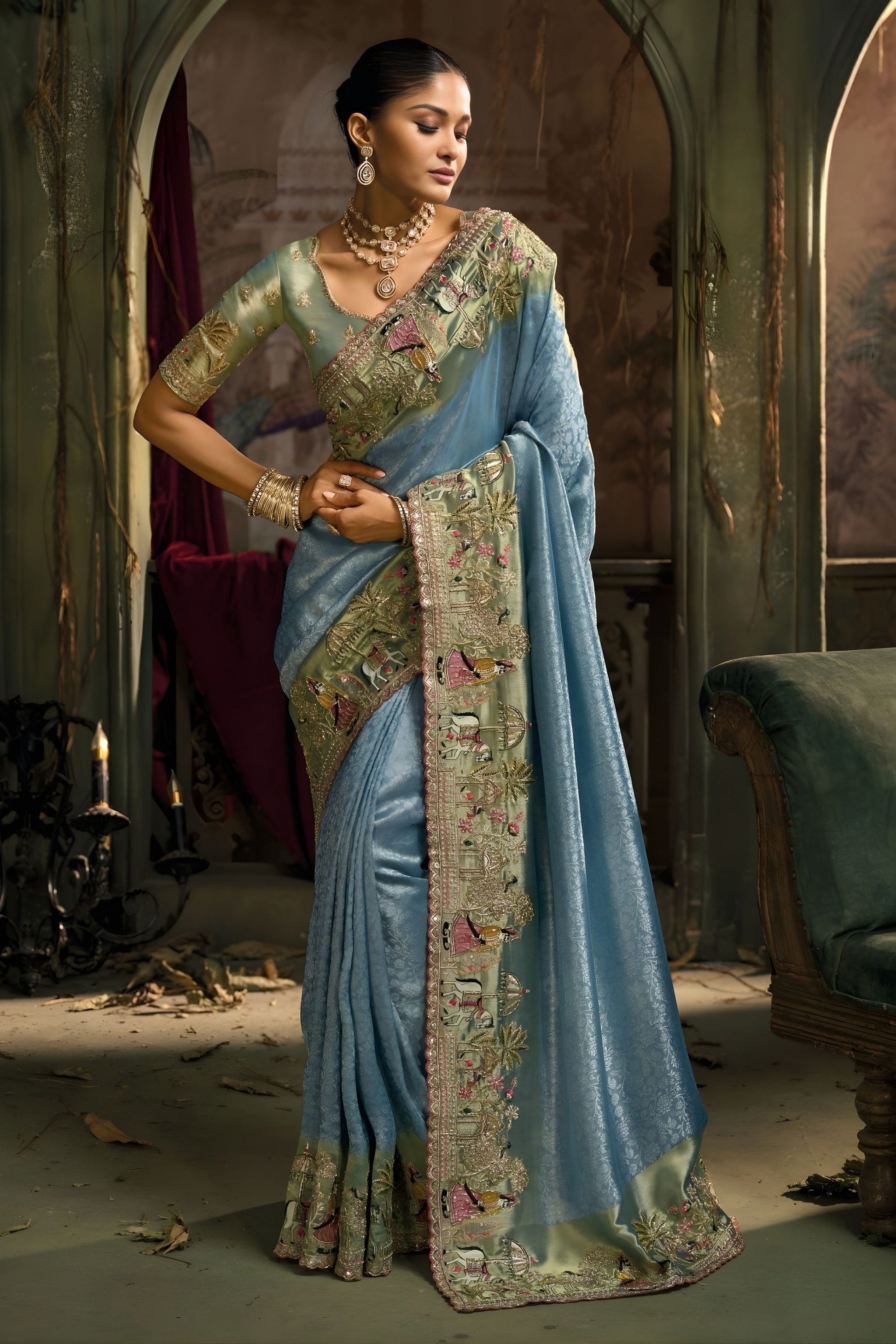 Blue Silk Saree with Handcrafted Embroidered Border Designer Blouse