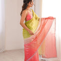 Beautiful Lime Green Coral Pink Ombre Organza Saree Embroidered Border