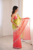 Beautiful Lime Green Coral Pink Ombre Organza Saree Embroidered Border