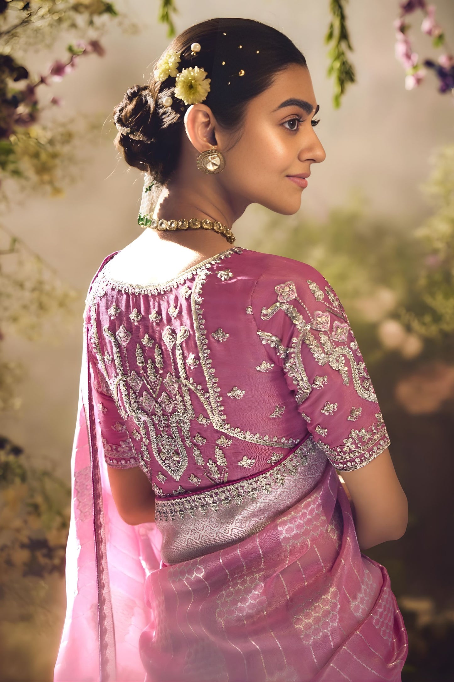 Pink Soft Silk Saree with Silver Zari Weaving Designer Blouse