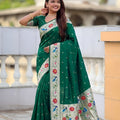 Bottle Green Paithani Silk Saree Multicolor Peacock Floral Woven Border