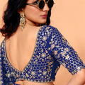 Royal Blue Embroidered Designer Silk Saree with Heavy Border Blouse Piece