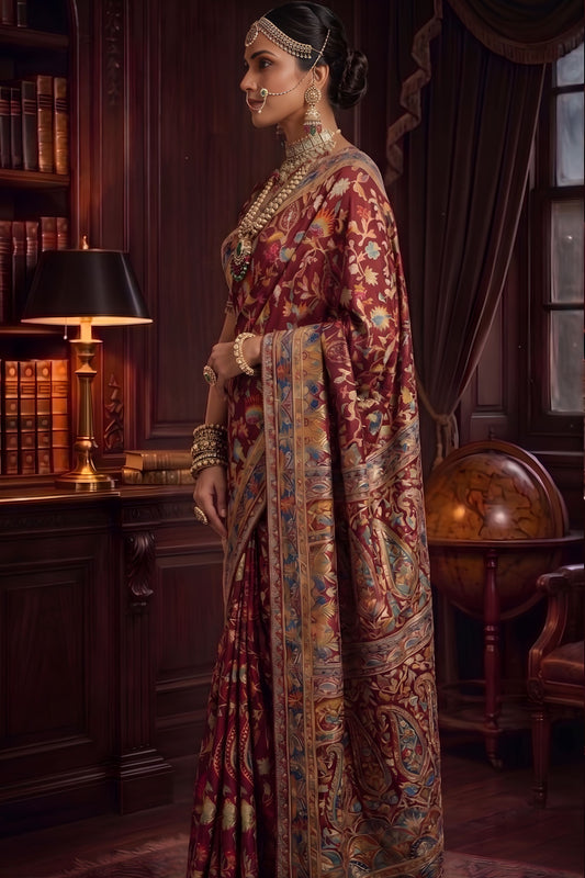 Maroon Banarasi Silk Saree Floral Zari Weaving and Designer Border