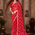  Designer Red Georgette Saree Print Embroidered Border Matching Blouse 