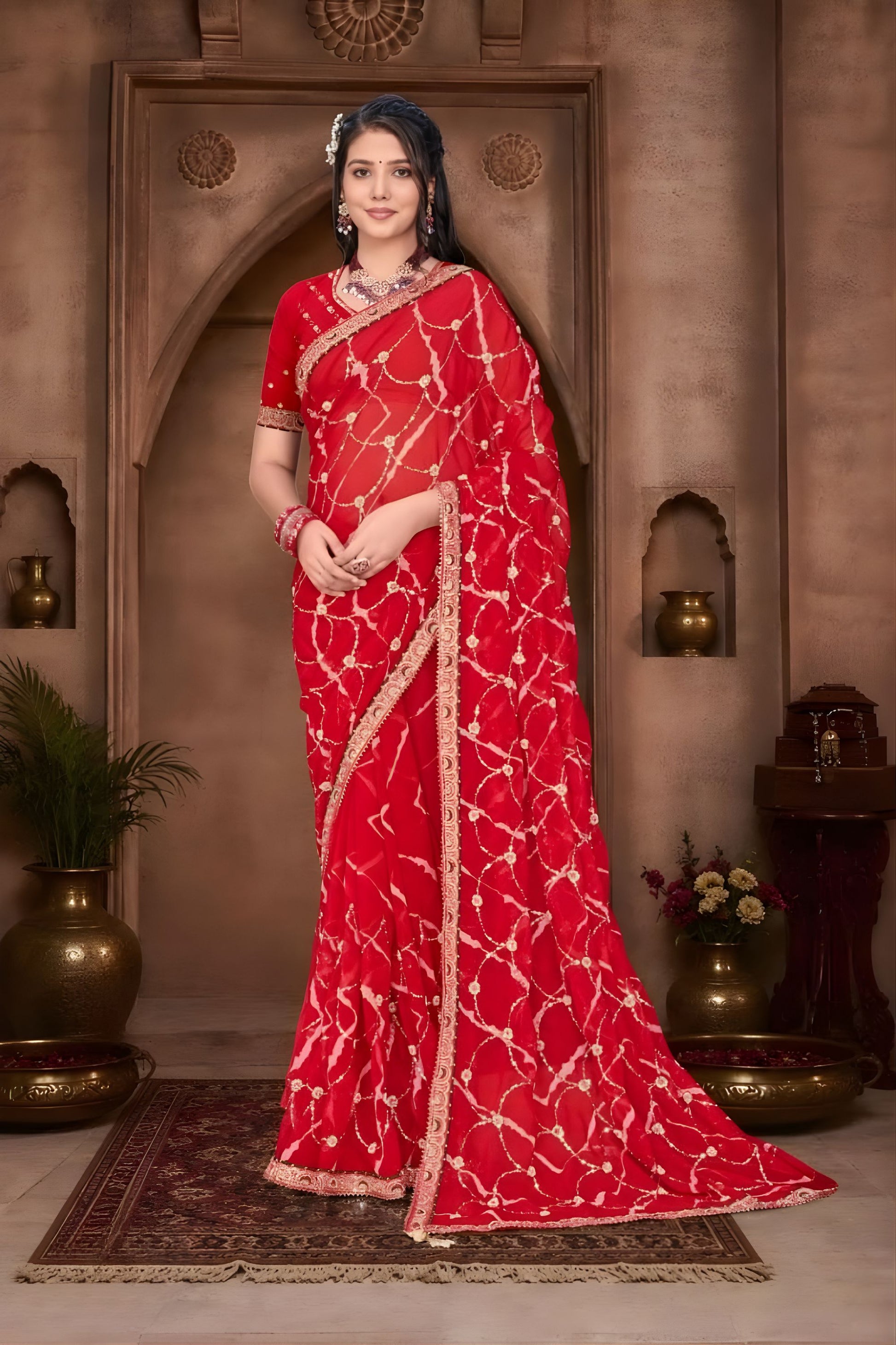  Designer Red Georgette Saree Print Embroidered Border Matching Blouse 