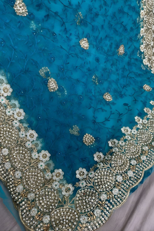 Teal Blue Net Saree with Heavy Sequins Embroidery Border