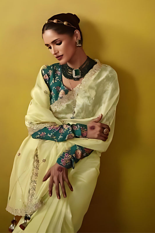 Lemon Yellow Organza Saree Embellished Border Floral Designer Blouse