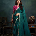 Teal Green Georgette Saree with Embroidered Border Pink Designer Blouse 