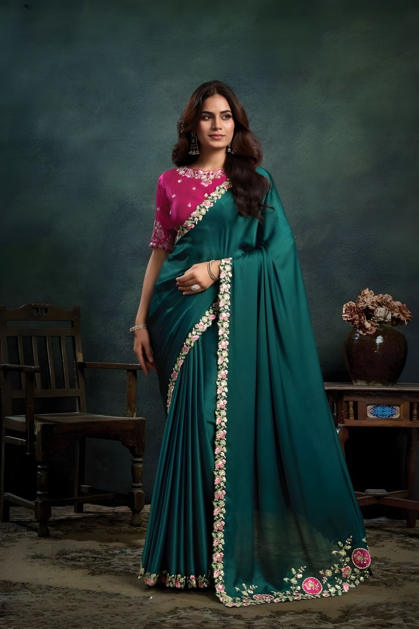 Teal Green Georgette Saree with Embroidered Border Pink Designer Blouse 