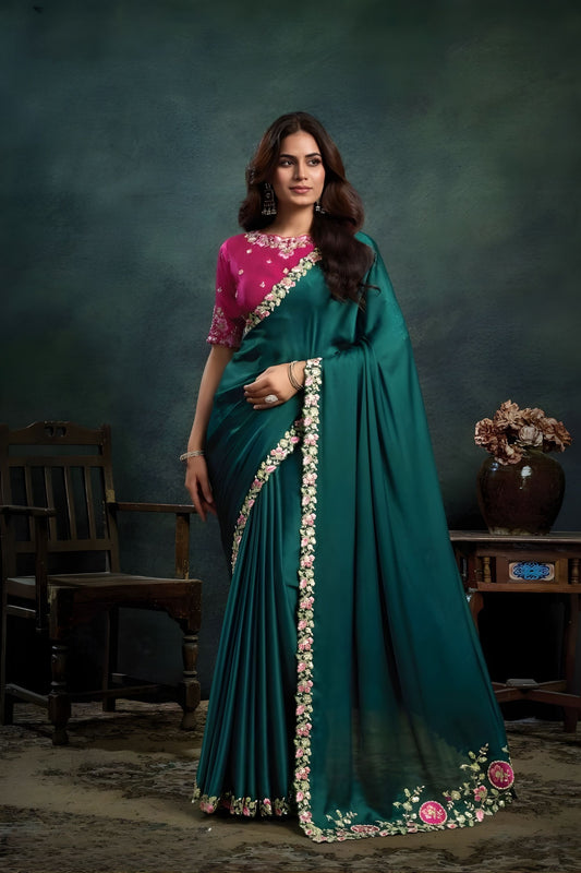 Teal Green Georgette Saree with Embroidered Border Pink Designer Blouse 