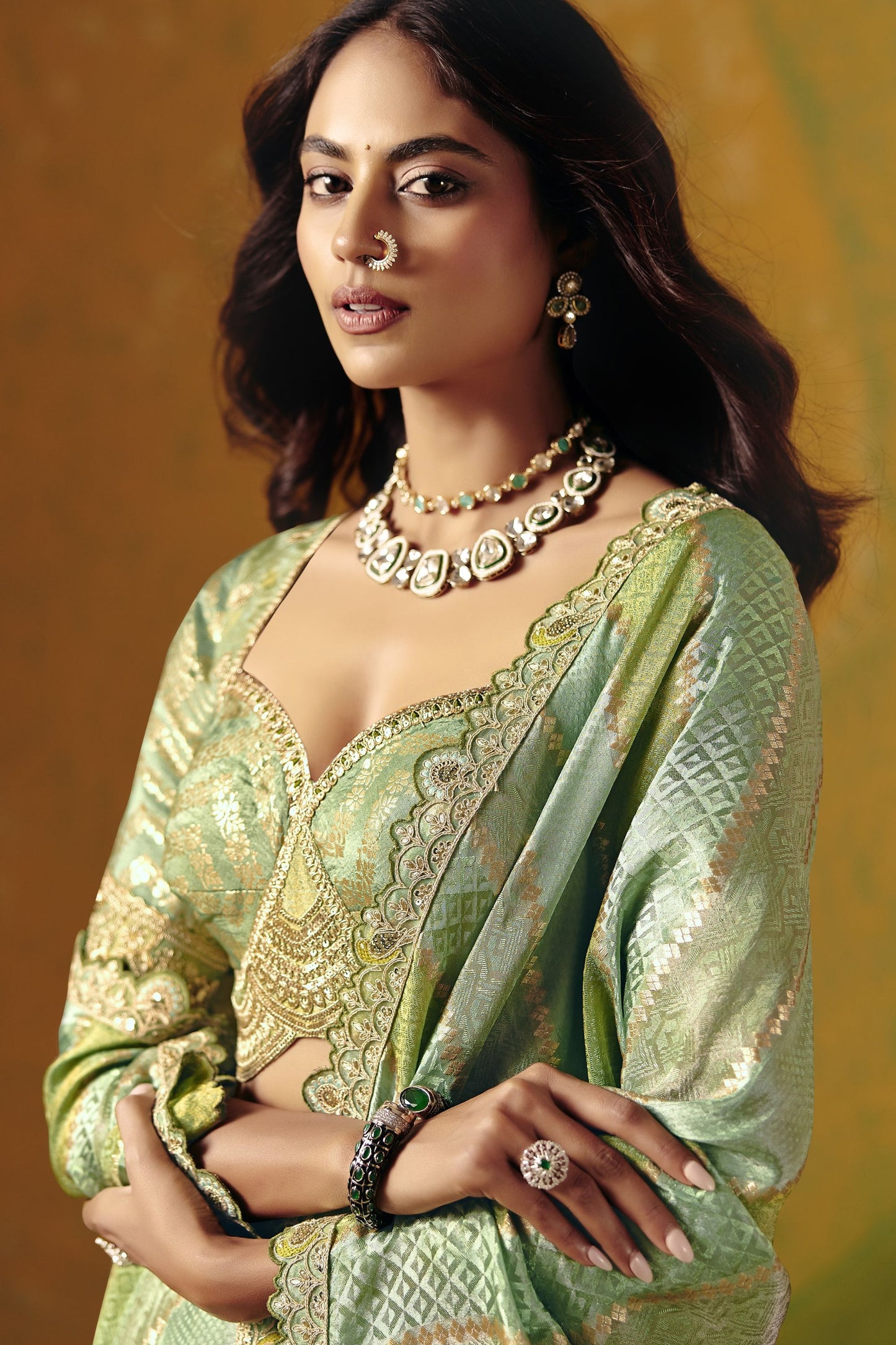 Green Silk Saree Woven Zari Embroidered Border with Readymade Blouse