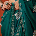 Teal Green Embroidered Georgette Saree Floral Motifs Designer Border