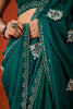 Teal Green Embroidered Georgette Saree Floral Motifs Designer Border