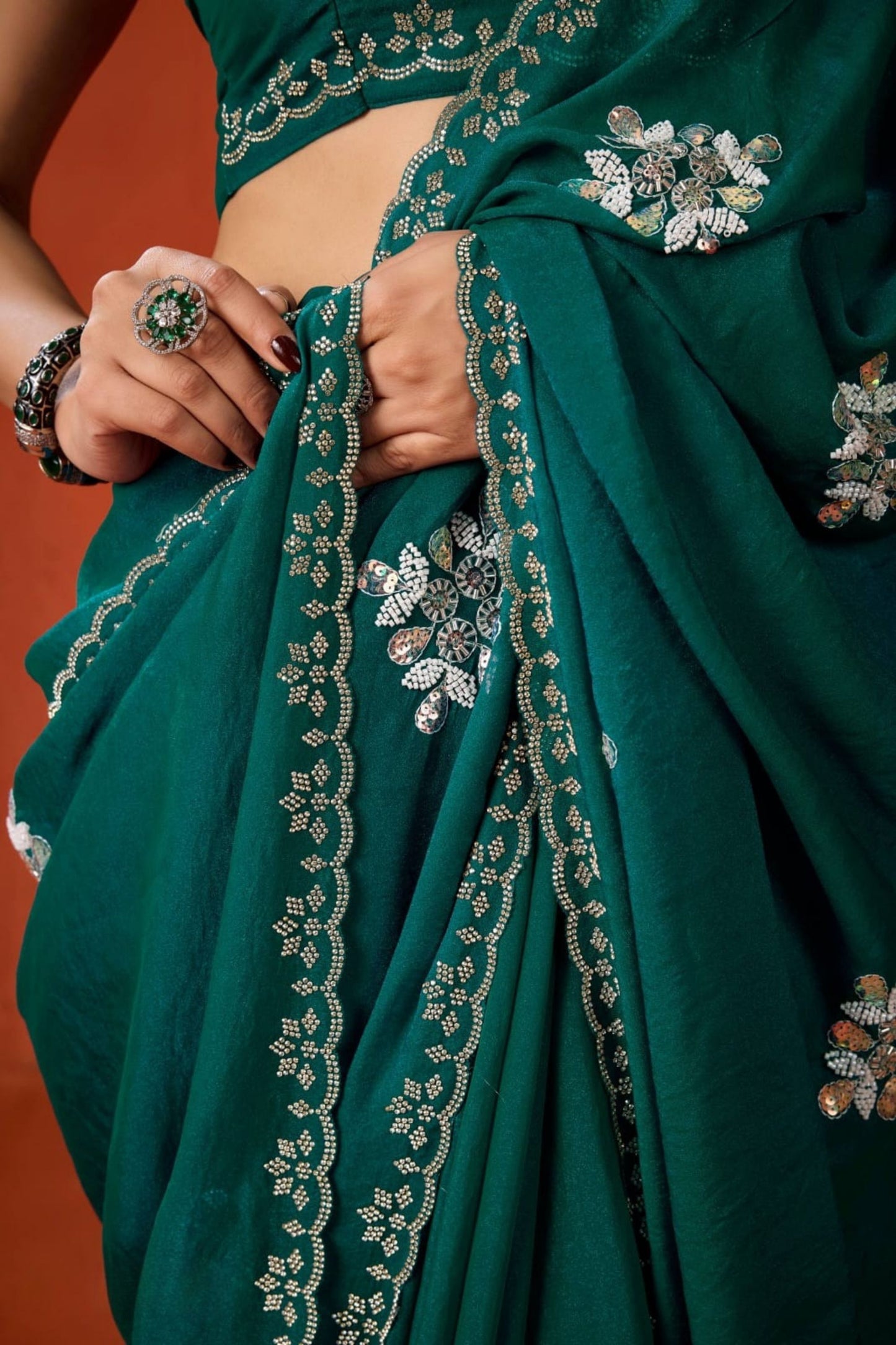 Teal Green Embroidered Georgette Saree Floral Motifs Designer Border