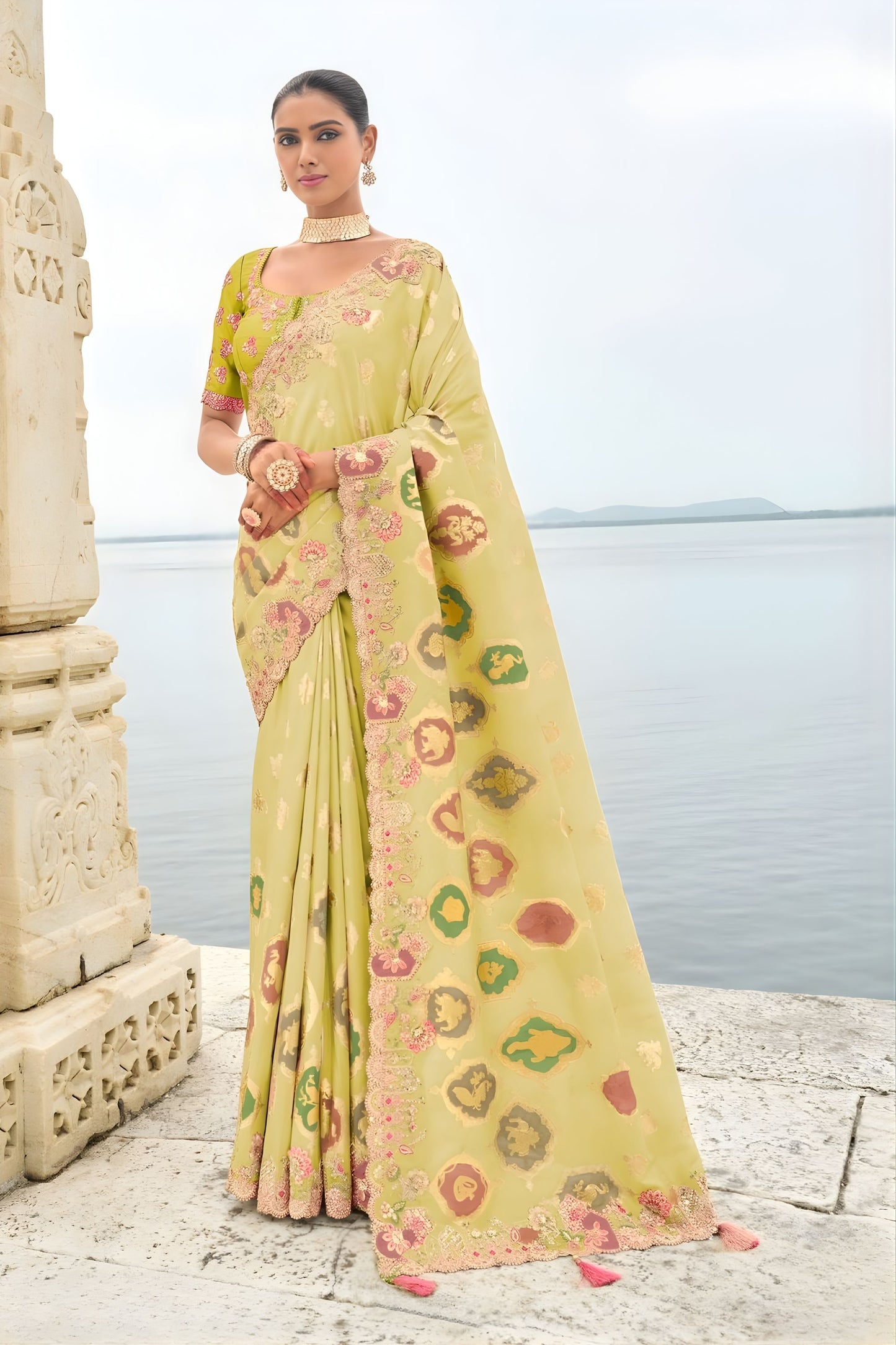 Pistachio Green Embroidered Organza Silk Saree Designer Lace Border