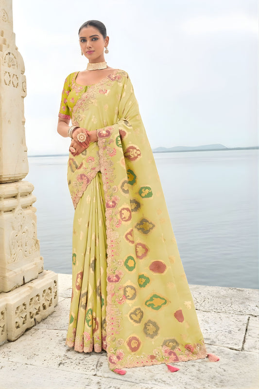Pistachio Green Embroidered Organza Silk Saree Designer Lace Border