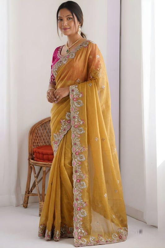 Mustard Yellow Tissue Silk Saree with Heavy Floral Embroidered Border