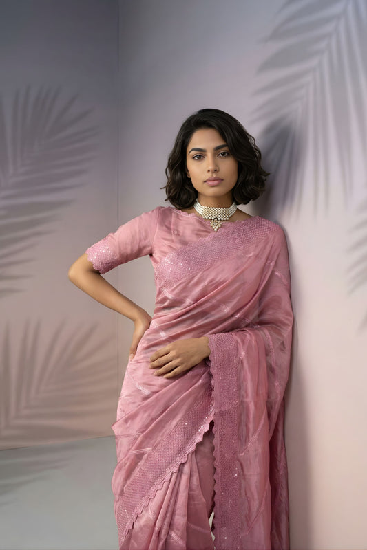 Dusty Pink Silk Saree with Embroidered Border Designer Blouse