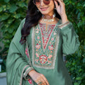 Beautiful Sage Green Embroidered Crepe Palazzo Suit Set with Dupatta for Women