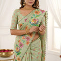 Pistachio Green Floral Printed Linen Cotton Saree Scalloped Border