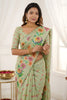 Pistachio Green Floral Printed Linen Cotton Saree Scalloped Border