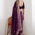 Purple Georgette Saree Heavy Floral Embroidery Designer Blouse