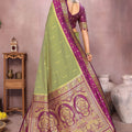 Olive Green Banarasi Silk Saree  Purple Zari Woven Border Rich Pallu