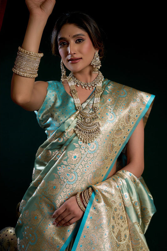 Sea Green Kanjivaram Silk Saree Gold Zari Traditional Wedding Saree